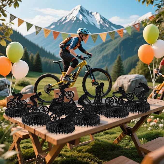 8Pcs Bike Honeycomb Centerpiece Bicycle Birthday Table Decoration Mountain Bike Birthday Party Decoration Sport Theme Birthday Bachelorette Party Supplies Double-Side Black Glitter