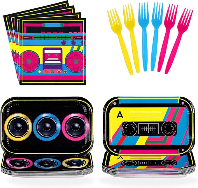 96Pcs 80s 90s Party Decorations Cassette Tape Plates and Napkins Retro Disco Music Themed Supplies Hip Hop Kpop Disposable Tableware for Retro 80s 90s Birthday Party Decorations