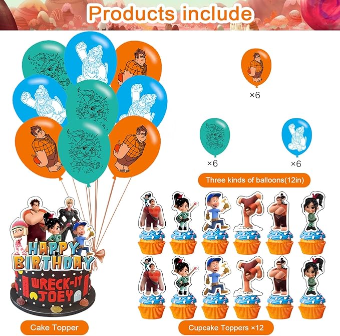 Wreck It Party Decorations,Ralph Birthday Party Supplies Includes Banner - Cake Topper - 12 Cupcake Toppers - 18 Balloons