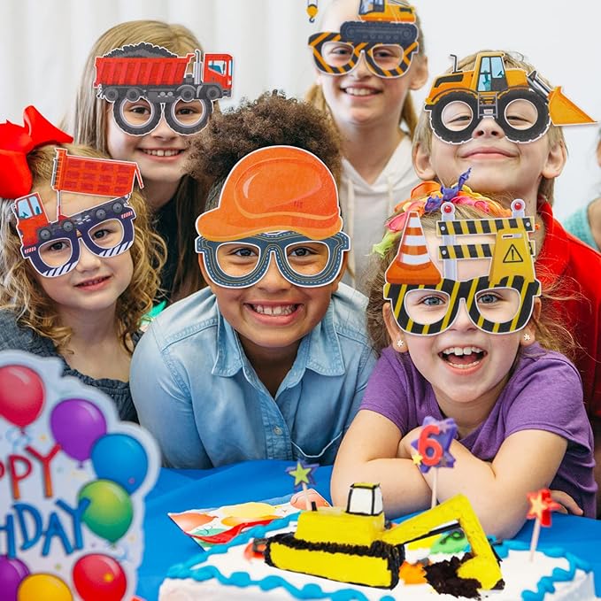 Construction Party Supplies 12PCS Construction Party Felt Glasses with Tractor Excavator Dump Truck Plastic Construction Toys Gift for Kids Toddlers Construction Birthday Party Decor Supplies