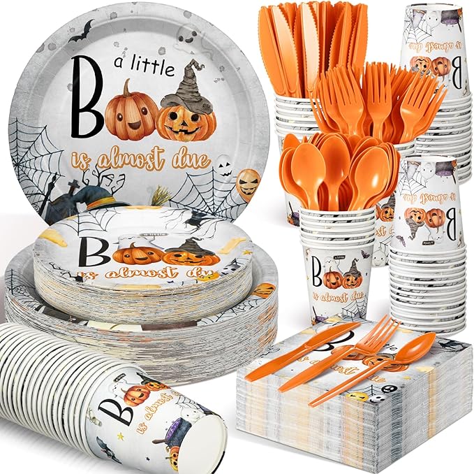 Dandat 350 Pcs Baby Shower Plates Set Baby Shower Party Supplies Serves 50 Tableware Sets Include Plates Napkin Cup Forks Knives Spoons Disposable Dinnerware(Boo,Orange)