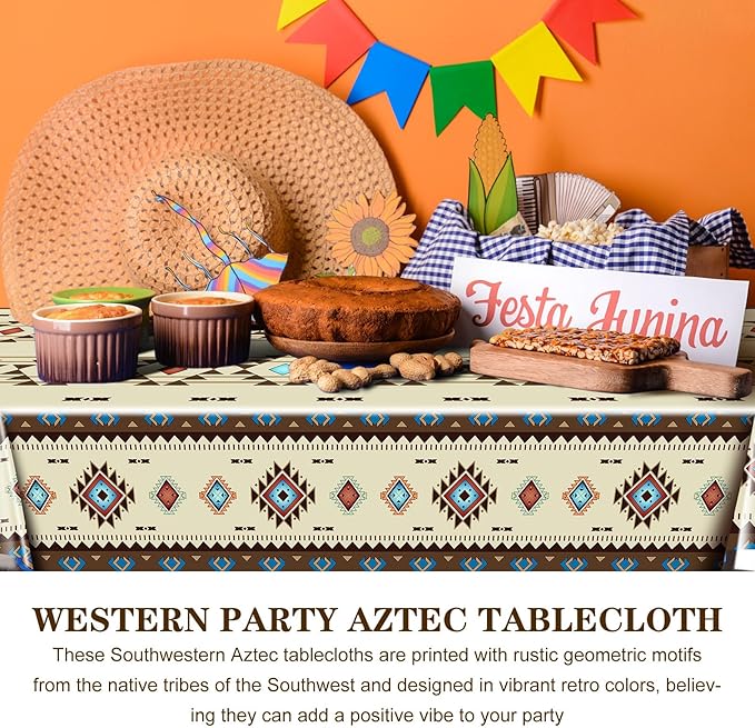 Frienda 3 Pcs Aztec Tablecloths Western Plastic Table Covers Waterproof Tribal Party Decorations Wild West Wooden House Table Cover for Western Barn Birthday Party