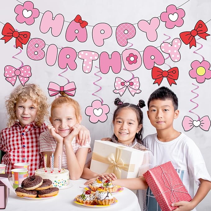 Pink Bow Birthday Party Decorations Bow Happy Birthday Banners Pink Hanging Swirl Cartoon Cat Theme Party Supplies Cute Bowknot Cutout Streamers for Girls Baby Shower Coquette Bachelorette Party Decor