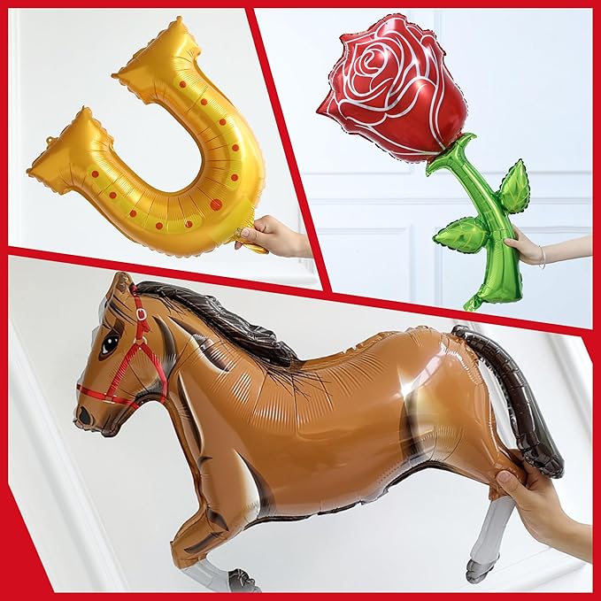 Derby Balloon Garland Arch Kt, 144pcs Red Black Gold Balloons with Rose Horse Horseshoe Foil Balloons for Run for the Rose Kentucky Party Rodeo Birthday Horse Racing Decorations