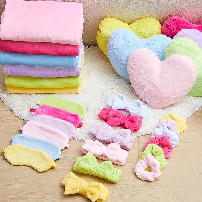 72 Pcs Sleepover Party Supplies for Girl Spa Slumber Birthday Favors Throw Blanket Pillow Eye Mask Headband Scrunchies (Solid Color,Multicolor)