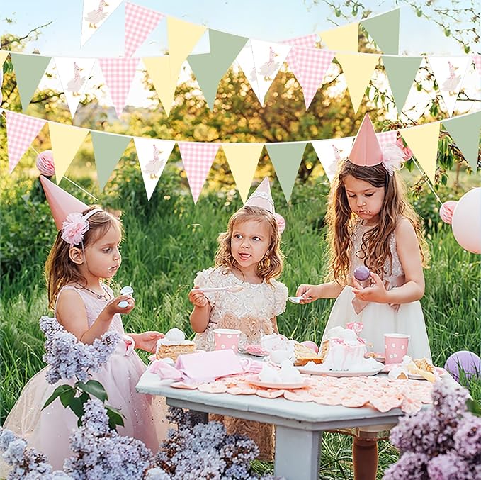 Pasimy 5 Pcs Silly Goose Birthday Party Decorations Pink Green Yellow Gingham Print Pennant Banners Funny Geese Triangle Bunting Banners for Farm Animal Baby Shower First Birthday Party Decoration