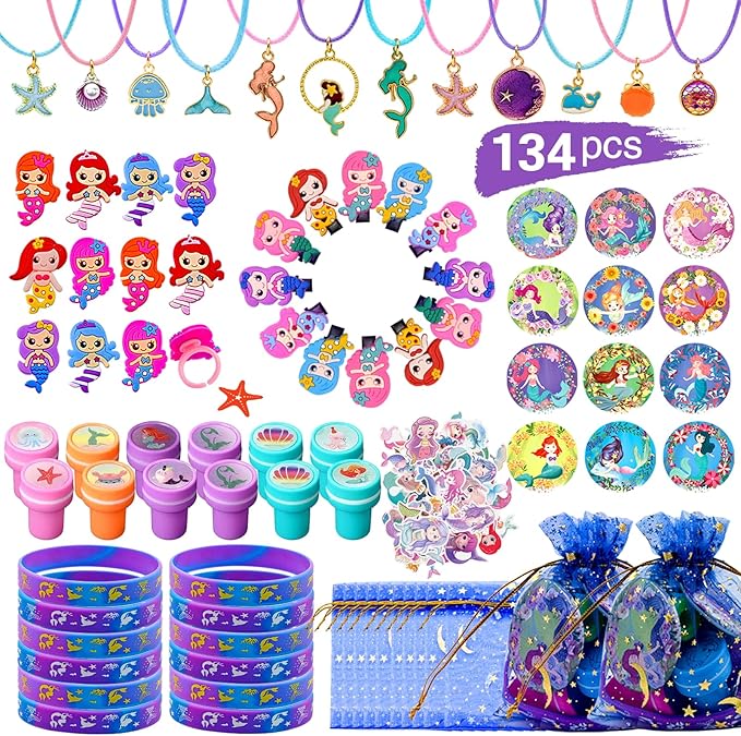 134Pcs Mermaid Party Favors Birthday Decorations for Girls, Party Supplies Include 12 Bracelet, 12 Necklace, 12 Hairpin, 12 Ring, 12 Stampers, 12 Button Pins, 12 Gift Bag, 50 Stickers