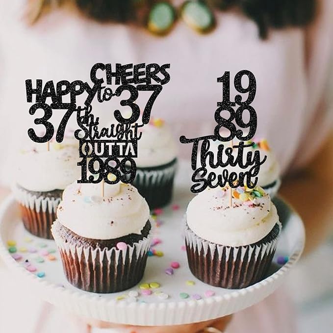 30PCS Black 37th Birthday Cupcake Toppers Glitter Thirty Seven Happy 37th Straight Outta 1989 Cupcake Picks for Cheers to 37 Years Birthday Wedding Anniversary Party Cake Decorations Supplies