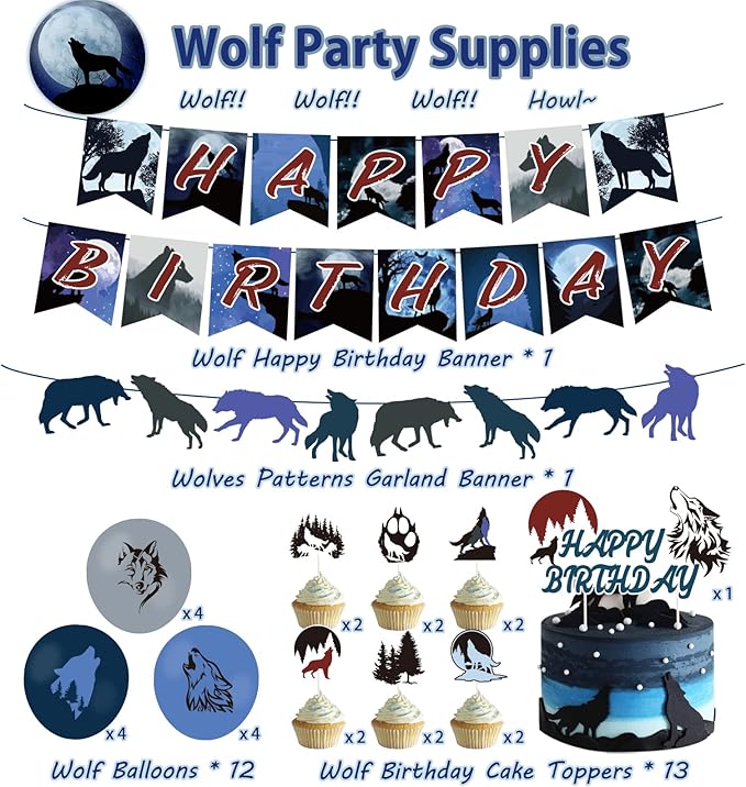 Wolf Birthday Party Decorations, Wolf Party Supplies with Happy Birthday Banner, Wolves Garland Sign, Cake Toppers, Latex Balloons for Kids Boys Girls Animals Wolf Theme Party Decors