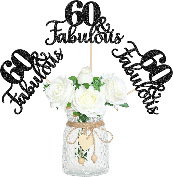 12 PCS 60 and Fabulous Centerpiece Sticks Double Sided Happy 60th Birthday Table Flower Centerpieces Sticks Cheers to 60 Floral Decorations for 60th Birthday Anniversary Party Supplies Black