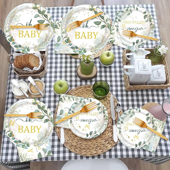 Sage Green Baby Shower Decorations - 96PCS Sage Plates and Napkins Party Supplies Welcome Little One Green Baby Shower Disposable Paper Tableware Set Serves 24 Guests