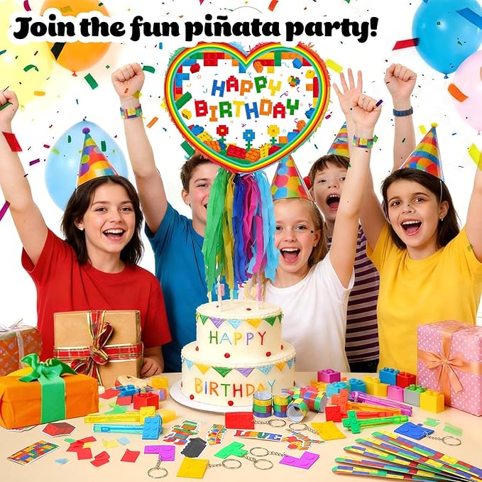Birthday Building Block Piñata Set Heart Pull String Piñata Party Kit with Blindfold Hitting Stick Confetti Keychains Bubble Bottles Slap Bracelets Stickers for Carnival Party Favors