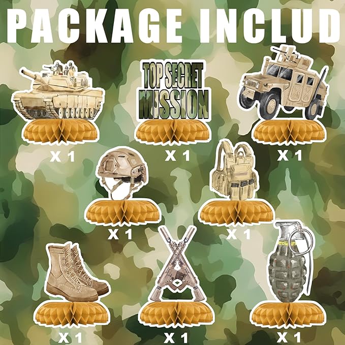 Army Party Centerpiece Set - 3D Tank Honeycomb Army Birthday Decorations and Army Table Toppers for Kids' Military-Themed Birthday and Baby Shower Table Décor