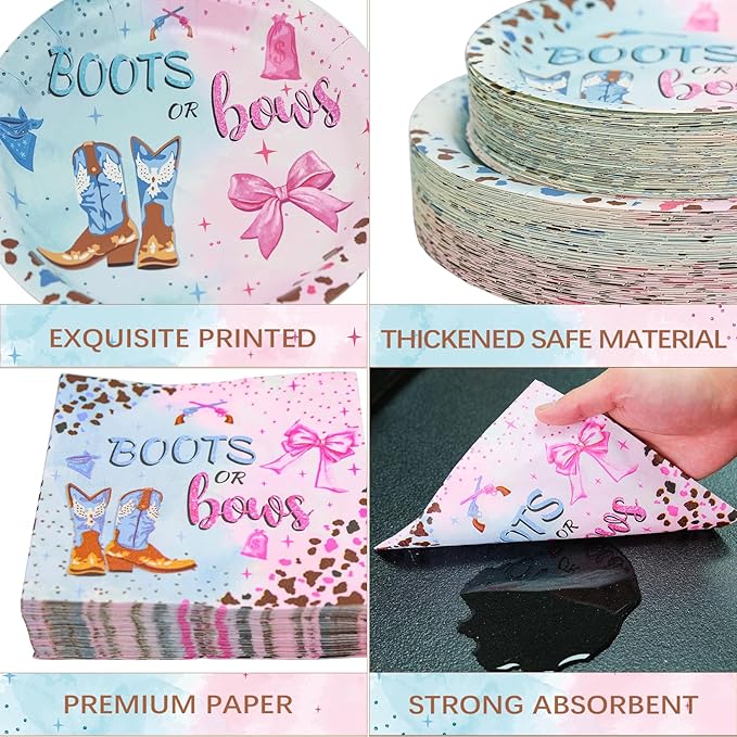 180Pcs Boots Bows Gender Reveal Birthday Party Supplies Serves 60，Gender Reveal themed Party Paper Plates and Napkins Set for Baby Shower Cowboy Boy or Girl Birthday Party Decorations.