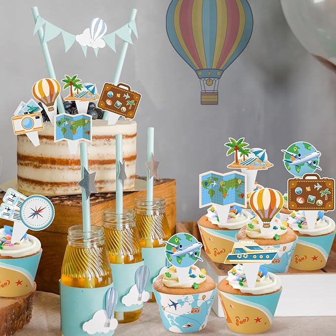 48 Pack Travel Cupcake Toppers and Wrappers, World Travel Party Cake Decoration for Adventure Travel Theme Birthday Party Baby Shower Supplies