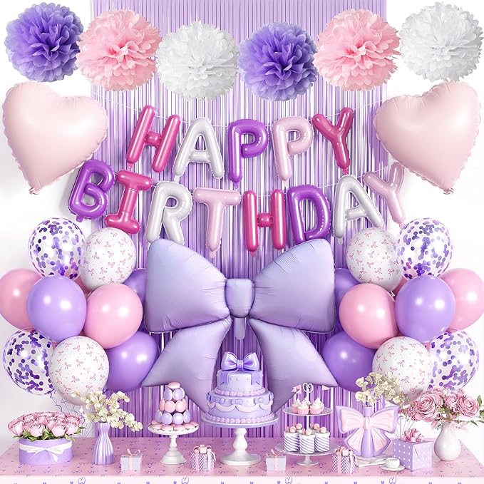 Purple Pink Bow Birthday Decorations for Women Girls, Happy Birthday Balloon Banner with Bow and Heart Foil Balloons Fringe Curtain Tissue Paper Pompoms Garland Party Supplies