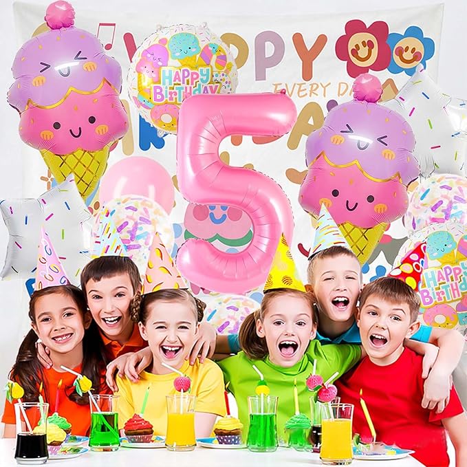 Pink Ice Cream Balloons, 5 Balloon Number, 5th Birthday Decorations Girl, Ice Cream Balloon for Girls Birthday Party Decoration (5)
