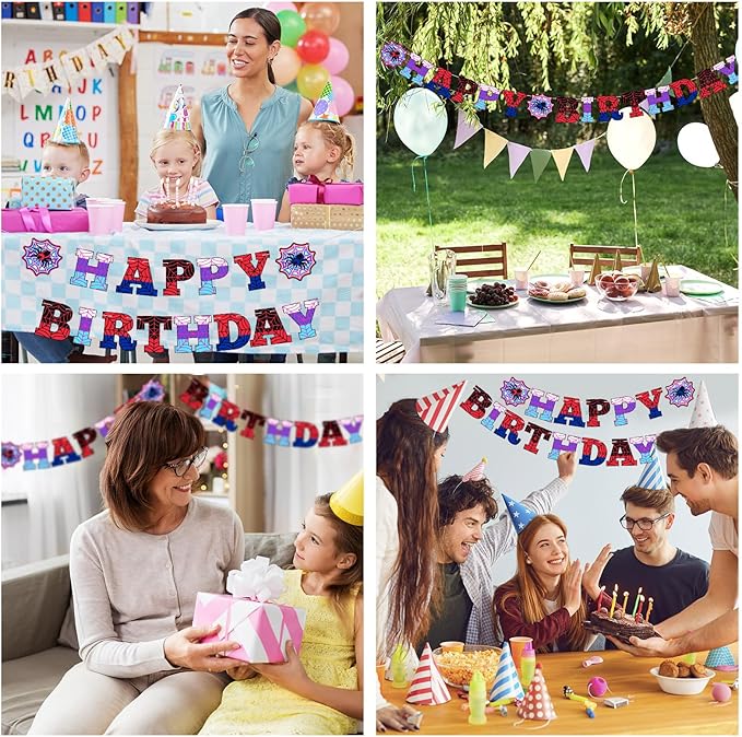 Oudain Spider Theme Birthday Banner Decorations Pre-strung Spider Web Happy Birthday Banner Flags Sign Cartoon Backdrop Party Supplies Favors(Red Purple Blue)