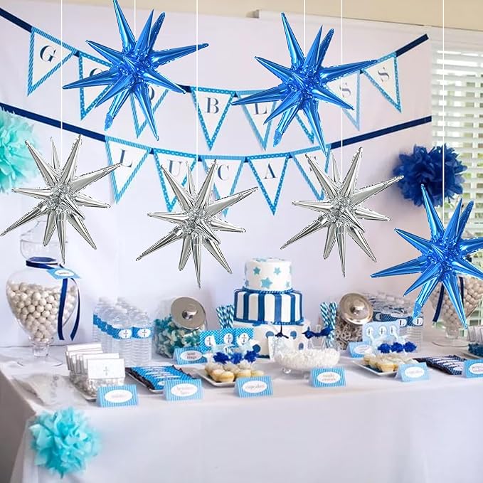 TONIFUL 8 Pcs Blue Silver Foil Balloons Large Star Balloons Explosion Star Mylar Balloons for Party Backdrop Christmas New Year Birthday Wedding Baby Shower Anniversary Photo Booth Supplies