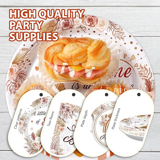 96Pcs Boho Baby Shower Decorations for Girl Boho Rainbow Baby Shower Plates and Napkins Tableware Set A Little Ray of Sunshine Baby Shower Party Supplies for Boho Rainbow Baby Shower Decor Serves 24