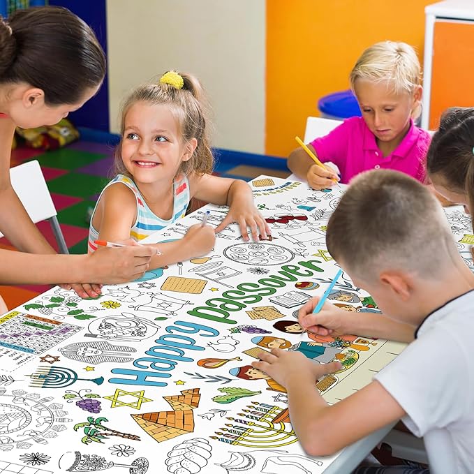 Happy Passover Large Coloring Tablecloth Poster for Kids, Pesach Jumbo Coloring Paper Poster Sheets, Passover Color-in Craft Activities for Kids Festive Seder Party Supplies Decorations, 30 x 72Inch
