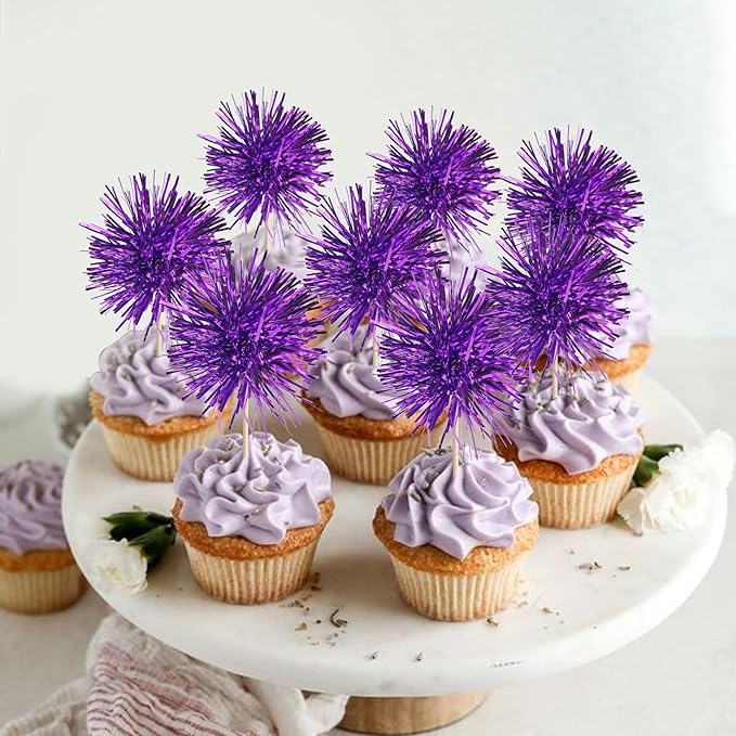 40 PCS Foil Firework Cupcake Toppers Fireworks Cupcake Picks Sparkle Tinsel Cake Decorations Cocktail Fruit Toothpick for Firework Theme Birthday Wedding Graduation Party Decorations Supplies Purple