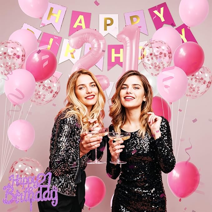 21st Birthday Decorations For Her, Pink Happy Birthday Party Decorations With Pink Confetti Hot Pink Balloons Number 21 Balloons Fringe Curtain Triangle Flag Banner Cake Topper For 21st Party Supplies