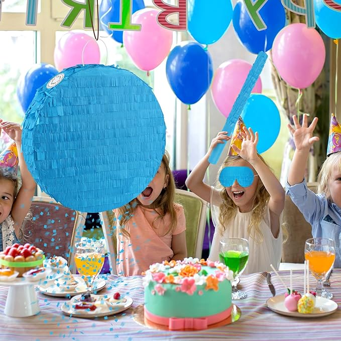 Blue Round Pinata with Stick Blindfold Confetti DIY Blank Pinata for Boys Kids Birthday Party Supplies Carnivals Halloween Christmas Decorations
