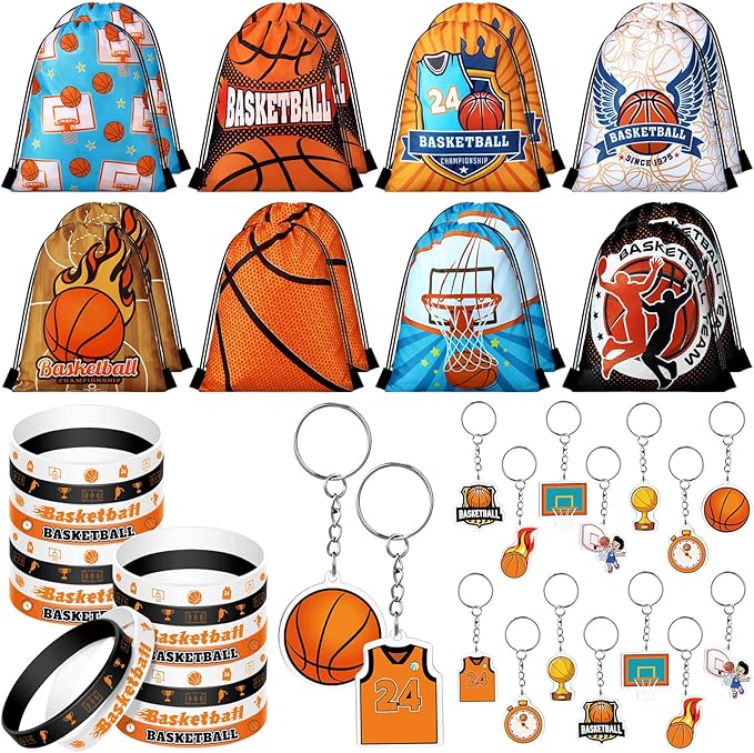 Talltalk 48 Pcs Basketball Team Gifts Sets Basketball Party Favors Toy 16 Drawstring Backpack Goodie Bag Snack Candy Gift Bag 16 Silicone Wristband 16 Keychain for Sports Birthday Party Supplies Decor
