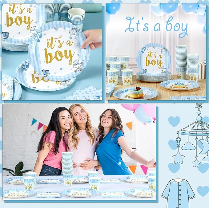 200 Pcs Blue Baby Shower Paper Plates Napkins Cups Boy Baby Shower Party Supplies Tableware Set Blue Disposable Cup Napkin for 50 Guest Boys Spring Party Decoration