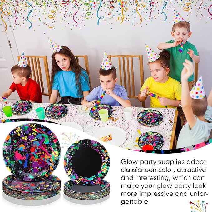 Baderke 48 Pcs 9 Inch and 7 Inch Neon Plates Glow in The Dark Party Supplies Paper Neon Disposable Plates Colorful Tableware for Birthday Wedding Baby Shower