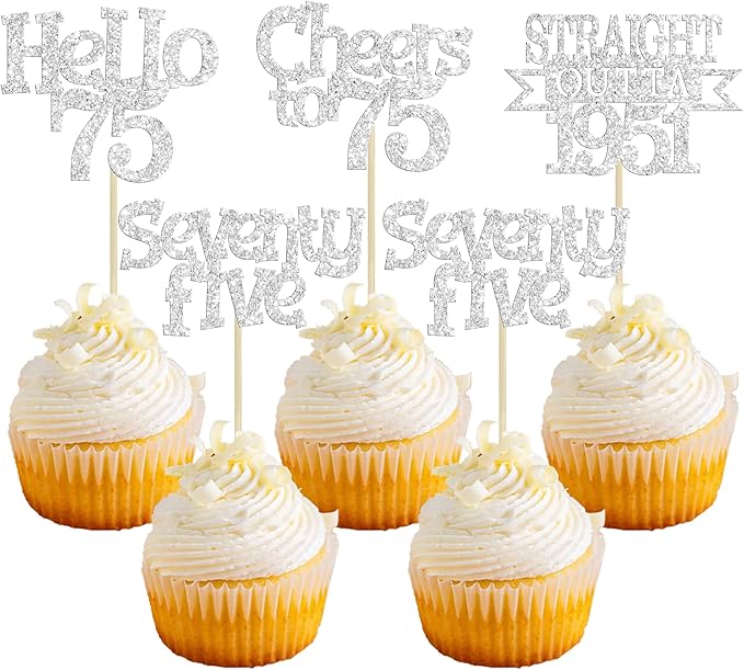 Ephlyn 24Pcs 75th Birthday Cupcake Toppers Glitter Straight Outta 1951 Cupcake Picks Hello 75 Cheers to 75 Years Cake Decorations for 75th Birthday Anniversary Party Decorations Supplies Silver