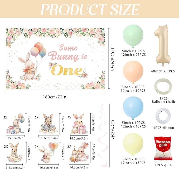 Some Bunny is One Decorations, 142PCS First Birthday Decorations with Backdrop, Hanging Swirls Ceiling Decoration and Balloons for Girl Rabbit Themed Party