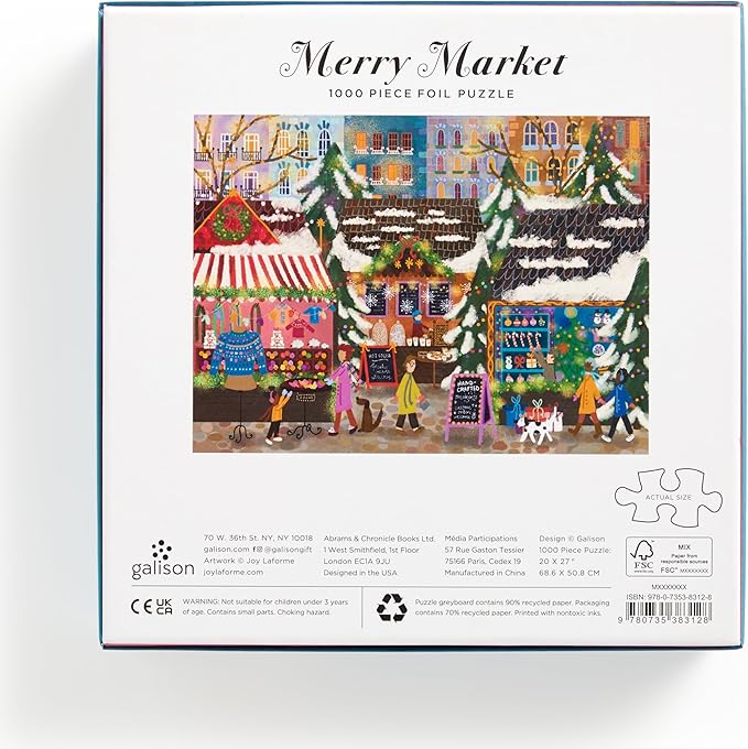 Galison Merry Market – 1000 Piece Foil Joy Laforme Jigsaw Puzzle Featuring Merry and Festive Outdoor Market for The Holidays with Gold Foil Accents