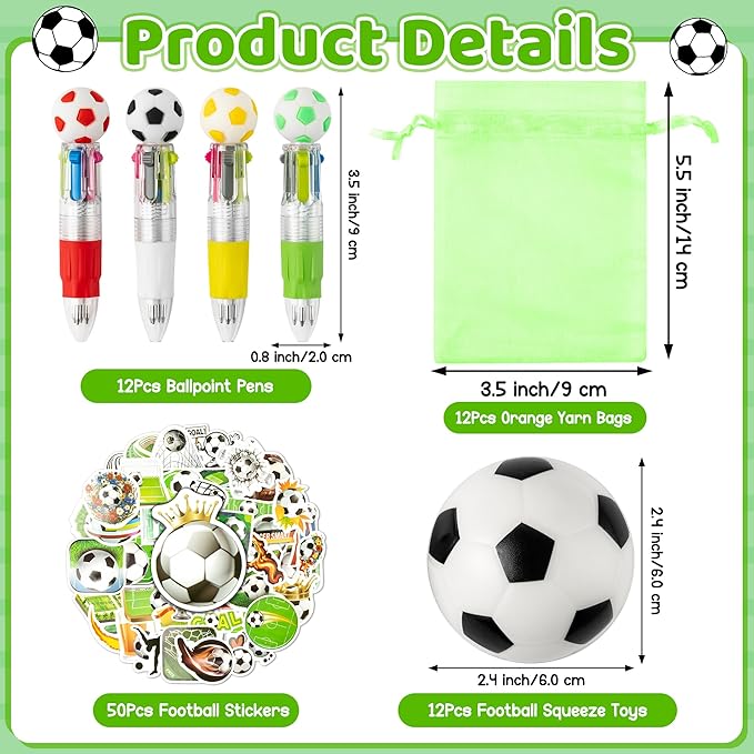 CY2SIDE 12 Pack Soccer Squeeze Toy Party Favor Gift Set with Ballpoint Pen Sticker and Organza Bag 2.5’’ Soccer Foam Stress Ball Classroom Prize for Kid Sport Lover Birthday Goodies Bag Stuffer