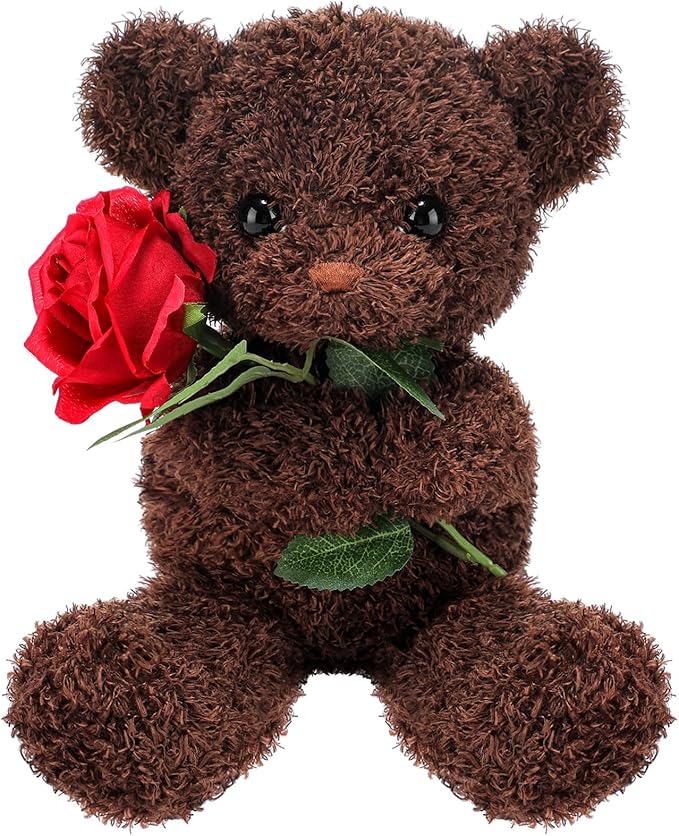 Civaner Bear Stuffed Animal Gift with Rose Funny Cute Bear Stuffed Animal Plush Gift for Mother Day Mom Birthday Wedding Christmas, 11.8 Inches(Brown)