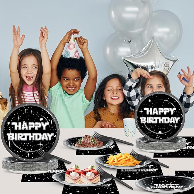 100Pcs Stars Birthday Party Decoration Galaxy Universe Plates and Napkins Space Theme Paper Plate Supplies for Outer Spaces Disposable Tableware Dinnerware Set Baby Shower Night Sky Decor for 25 Guest