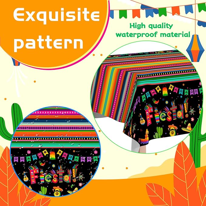 Mexican Fiesta Party Tablecloth Set, 3pcs, 107.8''x54'', Multicolored, Striped with Letters, Cinco de Mayo, Mexican Themed Birthday Party Decorations