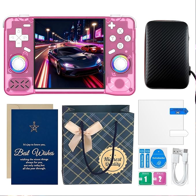 XF40H Retro Handheld Game Console Christmas Set with Gift Card & Bag,4 inch 4K IPS 128GB 21000+Classic Games,Linux OS,WiFi Multiplayer & Hall Triggers-Supports Gift for Gamer (Pink Set)