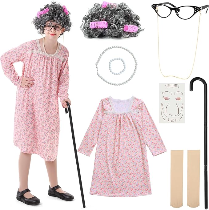 Girls 100th Day of School Costume – Kids Old Lady Granny Dress Outfit with Wig, Glasses, Cane & Accessories,13-Piece