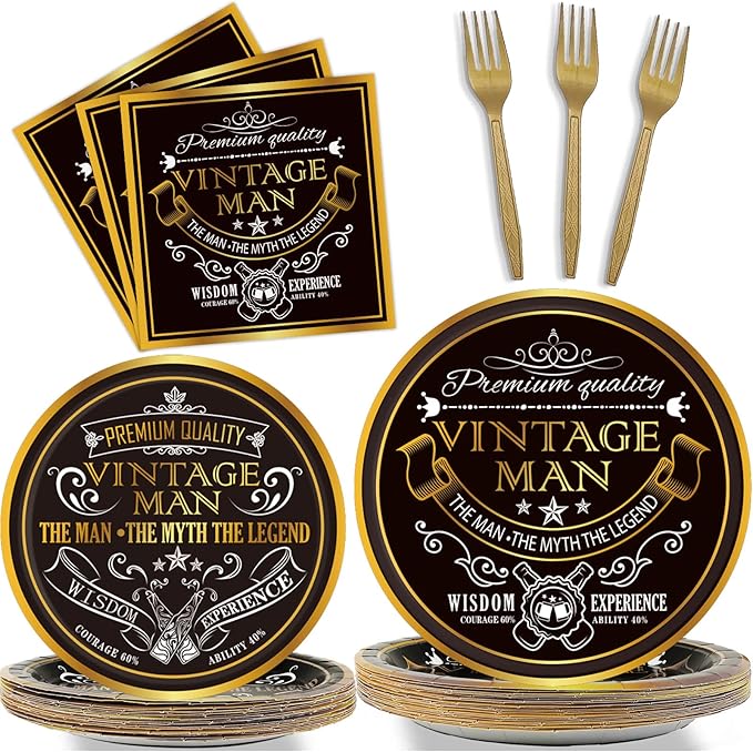 gisgfim 96 Pcs Vintage Man Party Supplies Paper Plates Napkins Vintage Theme Party Birthday Decorations Favors for Black Gold Serves 24