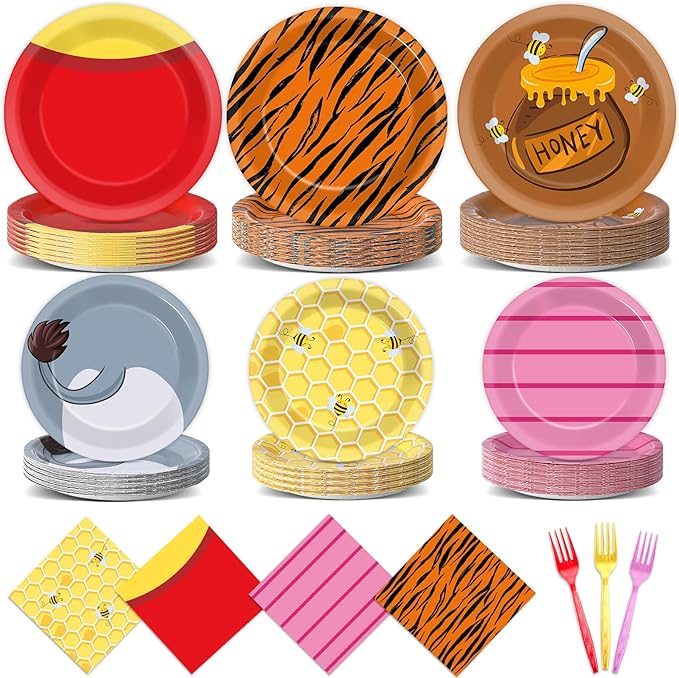 96PCS Cute Bear Birthday Party Plates and Napkins Set Cartoon Bears Theme Party Favor Decor Classic Bear Paper Tableware Dinnerware Set for Home Kids Baby Shower Birthday Parties Decorations Supplies