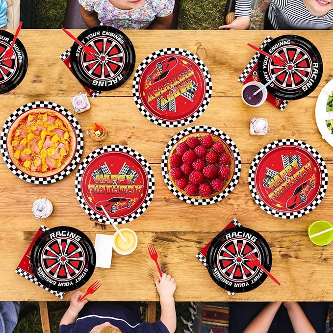 Grencian 96Pcs Red Race Car Happy Birthday Party Decorations Supplies Hot Car Plates and Napkins Racing Themed Checked Flag Tableware for Boys Transportation Birthday Party Decorations Serve 24