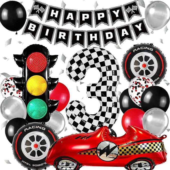 Race Car Birthday Party Decorations, with 40 Inch Number 3 Balloon, Happy Birthday Banner, Traffic Light and Foil Tire Balloon for 3rd Car Themed Birthday Party Supplies
