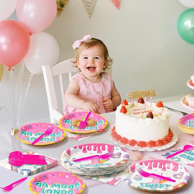Donut Tableware Party Supplies - 96Pcs Sweet One Tableware Decorations Donut Grow Up Desserts Themed Disposable Paper Plates Napkins Forks for Kids Girl 1st Birthday Baby Shower Serve 24