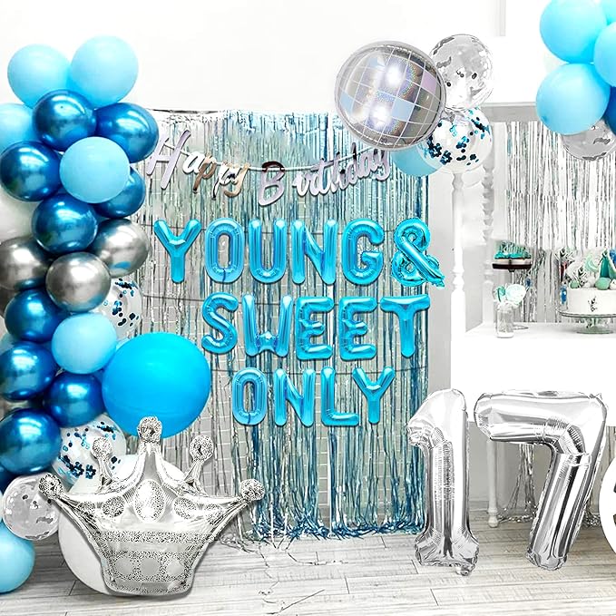 Silver Blue Young and Sweet Only 17 Birthday Decoration Young and Sweet Only 17 Banner Dancing Queen 17 Decoration Disco Balloons Rose Gold Birthday Banner Crown Queen Balloons