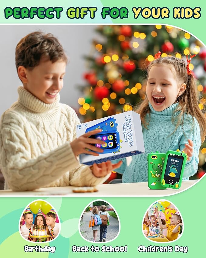 UCIDCI Dinosaur Kids Smart Phone Toys for Boy Dual Camera & Music Player Toddler Selfie Phone Toys Road Trip Toys with Learning Games, Christmas, Birthday Gifts for 3 4 5 6 7 Year Old Green