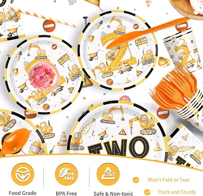 201pcs Construction 2nd Birthday Party Decorations 2nd Plates Napkins Tableware Set Disposable Paper Cup Banner Hanging Swirl Tablecloth for Boys Construction Two Years Old Party Supplies Serves 24