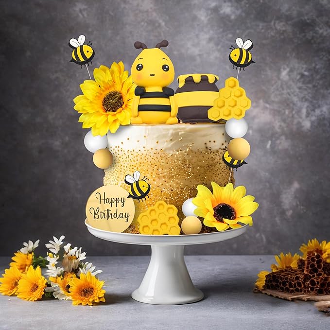 17 PCS Bee Cake Topper Happy bee day Cake Topper Honeycomb Sunflower Cake Decoration for Honeycomb Theme Birthday Party Supplies