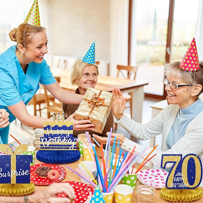 Spakon 8 Pieces Blue Gold 70th Birthday Table Decorations 70th Birthday Honeycomb Centerpieces Glitter Table Toppers Blue and Gold Party Decorations for Men and Women Party Supplies